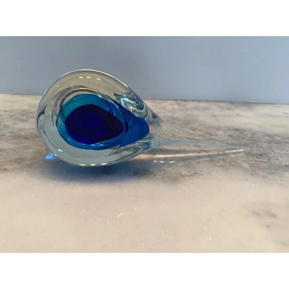 Art Glass Bluebird Figurine Paperweight Clear Outside Blue And Black Inside